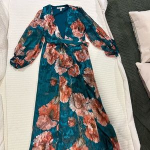 High low, tie waist, balloon sleeves, deep v neck floral print dress